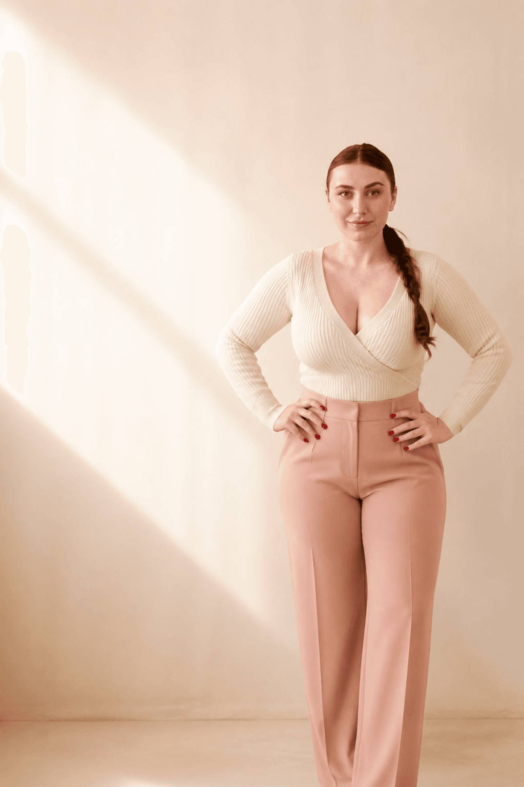 A confident woman in a warm, calm studio setting